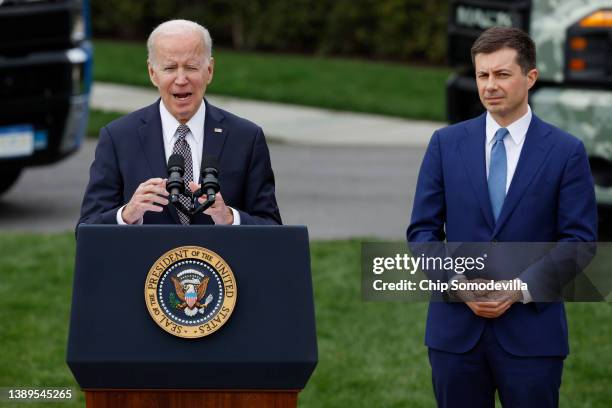 President Joe Biden delivers remarks on his 'Trucking Action Plan' with Transportation Secretary Pete Buttigieg on the South Lawn of the White House...