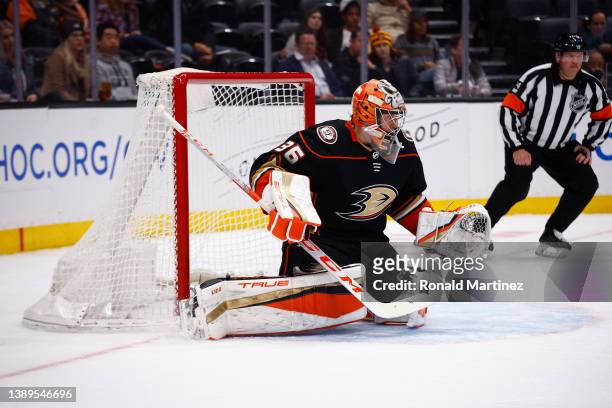 John Gibson of the Anaheim Ducks in the first period at Honda Center on April 03, 2022 in Anaheim, California.