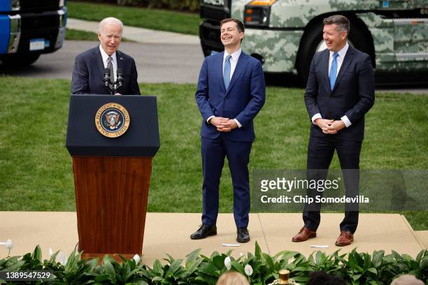 President Joe Biden delivers remarks on his 'Trucking Action Plan' with Transportation Secretary Pete Buttigieg and Veterans Trucking Task Force...