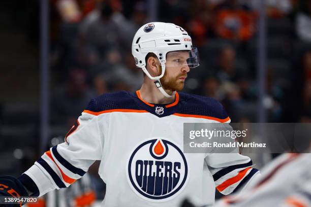 Brett Kulak of the Edmonton Oilers in the second period at Honda Center on April 03, 2022 in Anaheim, California.