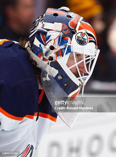 Mike Smith of the Edmonton Oilers in goal against the Anaheim Ducks in the second period at Honda Center on April 03, 2022 in Anaheim, California.