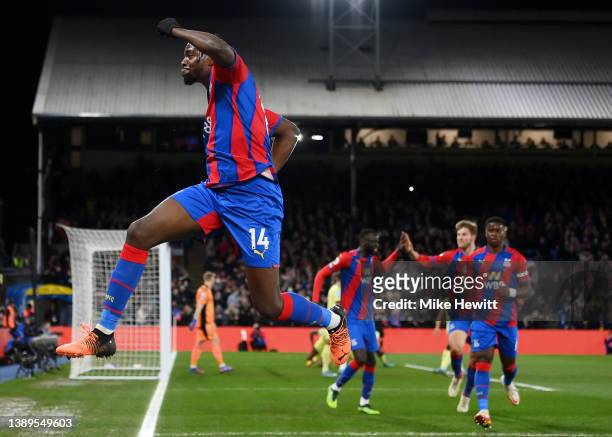 Jean-Philippe Mateta of Crystal Palace celebrates after scoring their side's first goal during the Premier League match between Crystal Palace and...