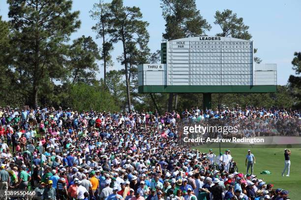 Tiger Woods of the United States plays his shot from the third tee during a practice round prior to the Masters at Augusta National Golf Club on...