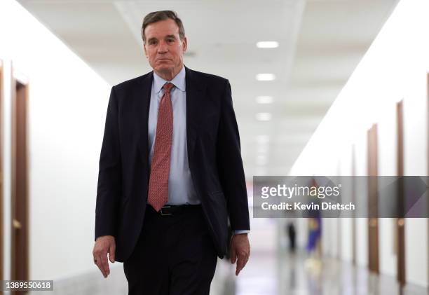 Sen. Mark Warner arrives for a meeting with U.S. Supreme Court Nominee Ketanji Brown Jackson on Capitol Hill, April 04, 2022 in Washington, DC. The...