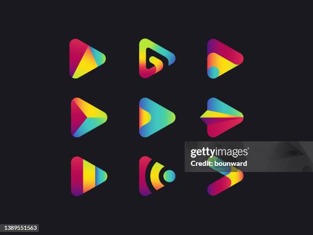 ilustrações de stock, clip art, desenhos animados e ícones de multi colored play media button logo - music stock illustrations