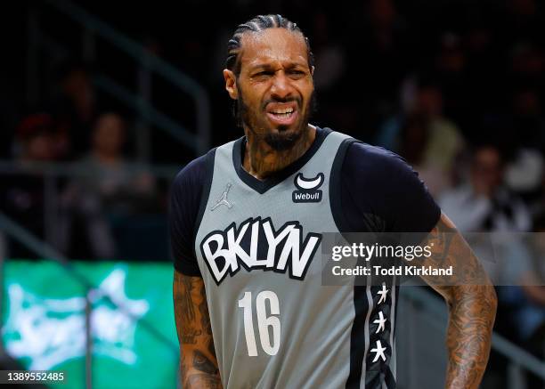 James Johnson of the Brooklyn Nets reacts during the second half against the Atlanta Hawks at State Farm Arena on April 2, 2022 in Atlanta, Georgia....