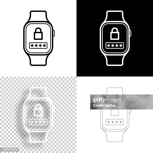 ilustrações, clipart, desenhos animados e ícones de smartwatch com senha. ícone para design. fundo em branco, branco e preto - ícone da linha - código de segurança