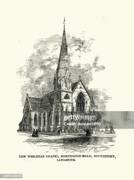 victorian church architecture, new wesleyan chapel, mornington road, southport, lancashire, 1860s, 19th century - church building stock illustrations