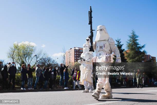 People dressed with Star Wars costumes take part in a parade during a charity event in favor of several associations in the area in Aluche, April 3...