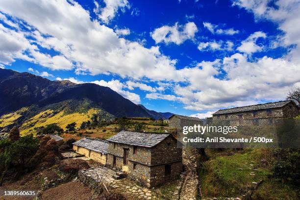 wallpaper village,high angle view of buildings against sky,uttarakhand,india - uttarakhand stock pictures, royalty-free photos & images