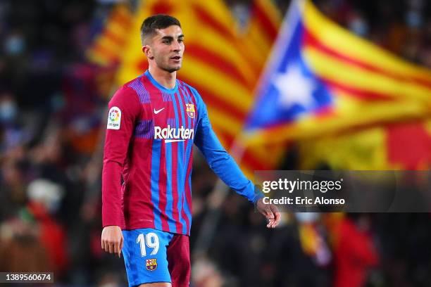 Ferran Torres of FC Barcelona looks on during the LaLiga Santander match between FC Barcelona and Sevilla FC at Camp Nou on April 03, 2022 in...