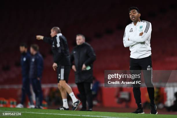 Kevin Betsy, Head Coach of Arsenal U23 reacts during the Premier League 2 match between Arsenal U23 and Manchester City U23 at Emirates Stadium on...