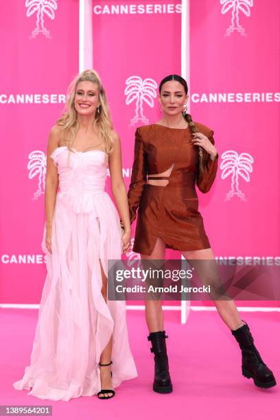 Teresa Riott and María Hervás attend the pink carpet during the 5th Canneseries Festival - Day Four on April 04, 2022 in Cannes, France.