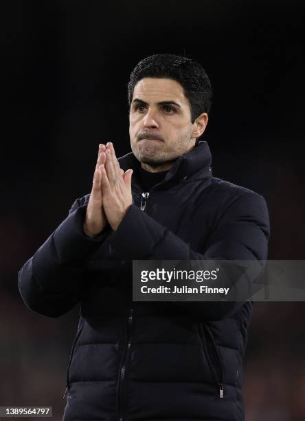 Mikel Arteta manager of Arsenal goes up to the fans after the Premier League match between Crystal Palace and Arsenal at Selhurst Park on April 04,...