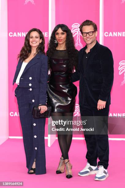 Lucie Lucas, Shy'm and Jamie Bamber attend the pink carpet during the 5th Canneseries Festival - Day Four on April 04, 2022 in Cannes, France.