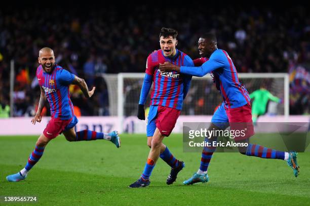 Pedro 'Pedri' Gonzalez of FC Barcelona celebrates scoring his side's first goal with his team mates during the LaLiga Santander match between FC...