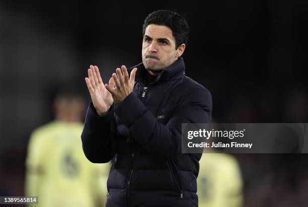 Mikel Arteta manager of Arsenal goes up to the fans after the Premier League match between Crystal Palace and Arsenal at Selhurst Park on April 04,...