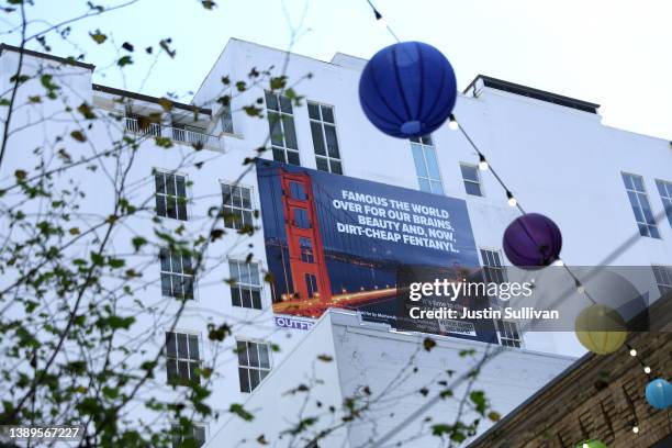 New controversial billboard that warns against fentanyl is posted on the side of a building near Union Square on April 04, 2022 in San Francisco,...