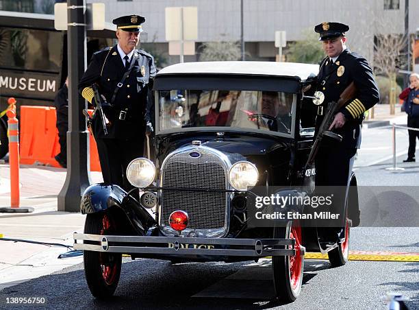 Ford Model A car from the San Diego Police Historical Society and Museum arrives at the grand opening of The Mob Museum February 14, 2012 in Las...