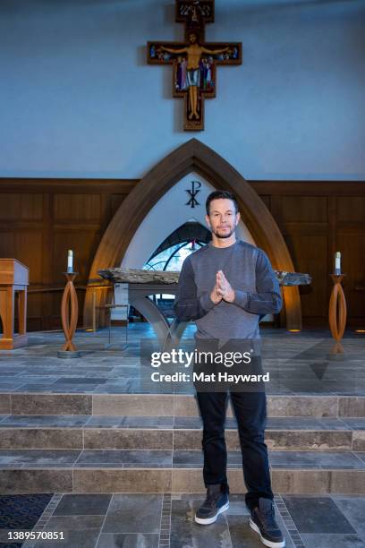 Mark Wahlberg visits All Saints Chapel at Carroll College on behalf of the film FATHER STU on April 04, 2022 in Helena, Montana.