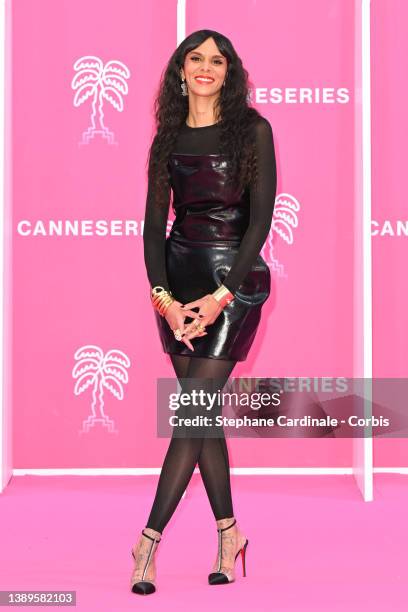 Tamara Marthe, aka Shy'm attends the pink carpet during the 5th Canneseries Festival - Day Four on April 04, 2022 in Cannes, France.