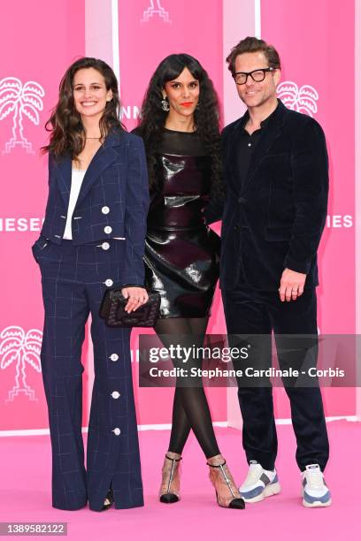 Lucie Lucas, Tamara Marthe and Jamie Bamber attend the pink carpet during the 5th Canneseries Festival - Day Four on April 04, 2022 in Cannes, France.