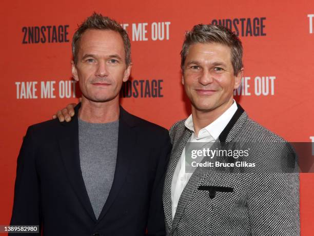 Neil Patrick Harris and David Burtka pose at the opening night of Second Stage Theater's production of "Take Me Out" on Broadway at The Hayes Theatre...