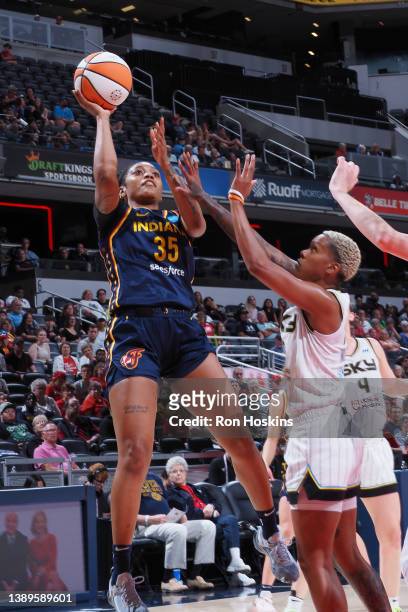 Victoria Vivians of the Indiana Fever shoots the ball during the game against the Chicago Sky on July 2, 2023 at Gainbridge Fieldhouse in...