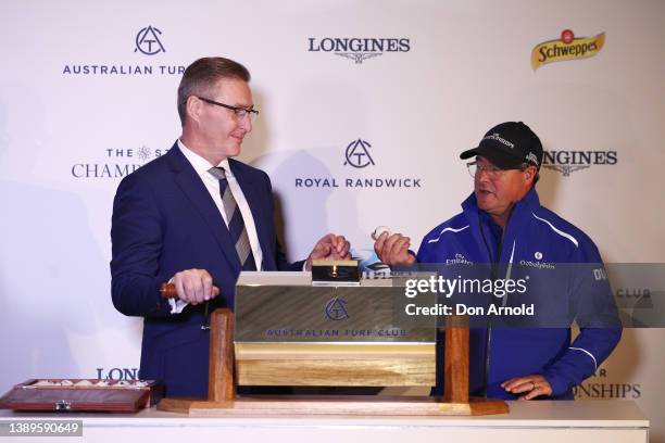 Marc Van Gestel and Darren Beadman are seen during the Longines Queen Elizabeth Stakes Barrier Draw at Royal Randwick Racecourse on April 05, 2022 in...