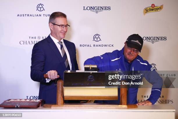 Marc Van Gestel and Darren Beadman are seen during the Longines Queen Elizabeth Stakes Barrier Draw at Royal Randwick Racecourse on April 05, 2022 in...