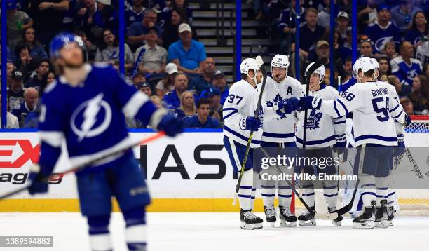 Auston Matthews of the Toronto Maple Leafs celebrates a goal in the second period during a game against the Tampa Bay Lightning at Amalie Arena on...