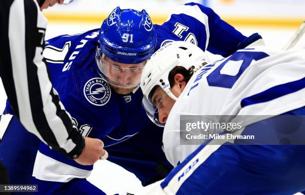 Steven Stamkos of the Tampa Bay Lightning faces off in the second period during a game against the Toronto Maple Leafs at Amalie Arena on April 04,...