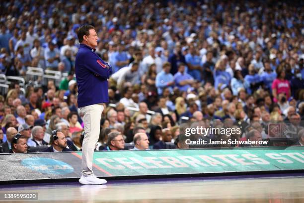 Head coach Bill Self of the Kansas Jayhawks looks on against the North Carolina Tar Heels in the 2022 NCAA Men's Basketball Tournament National...