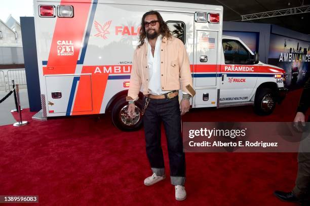 Jason Momoa attends the Los Angeles Premiere Of "Ambulance" at Academy Museum of Motion Pictures on April 04, 2022 in Los Angeles, California.