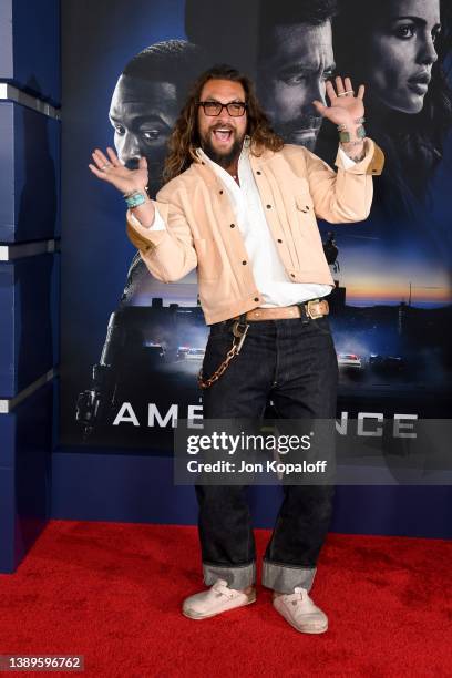 Jason Momoa attends the Los Angeles Premiere Of "Ambulance" at Academy Museum of Motion Pictures on April 04, 2022 in Los Angeles, California.