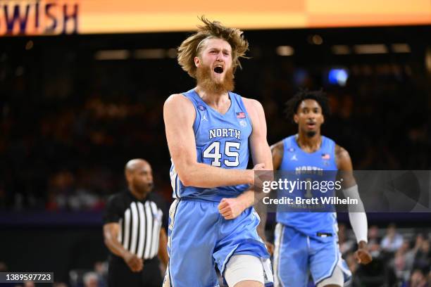 Brady Manek of the North Carolina Tar Heels reacts against the Kansas Jayhawks during the first half of the 2022 NCAA Men's Basketball Tournament...