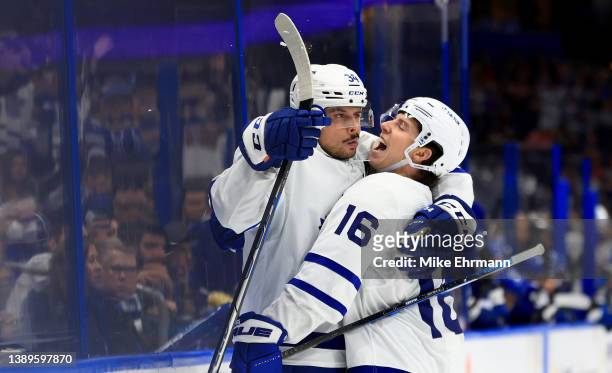 Auston Matthews of the Toronto Maple Leafs celebrates a hat trick goal in the third periodcduring a game against the Tampa Bay Lightning at Amalie...