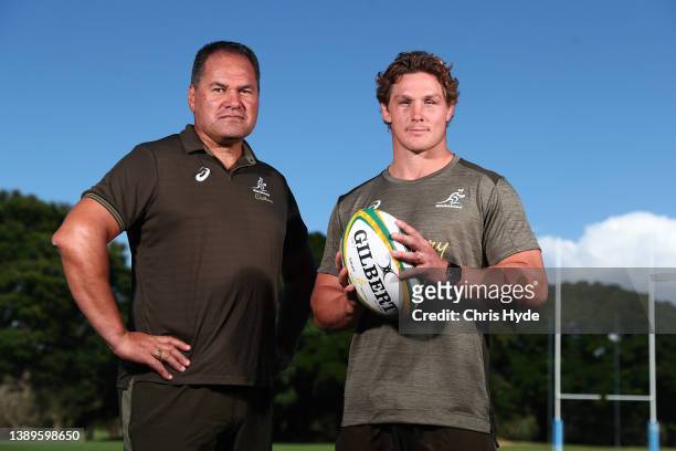 Wallabies coach Dave Rennie and Michael Hooper pose during the Rugby Australia media announcement at RACV Royal Pines on April 05, 2022 in Gold...