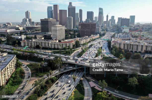 An aerial view of vehicles driving near downtown during the afternoon commute on April 4, 2022 in Los Angeles, California. The third installment of...