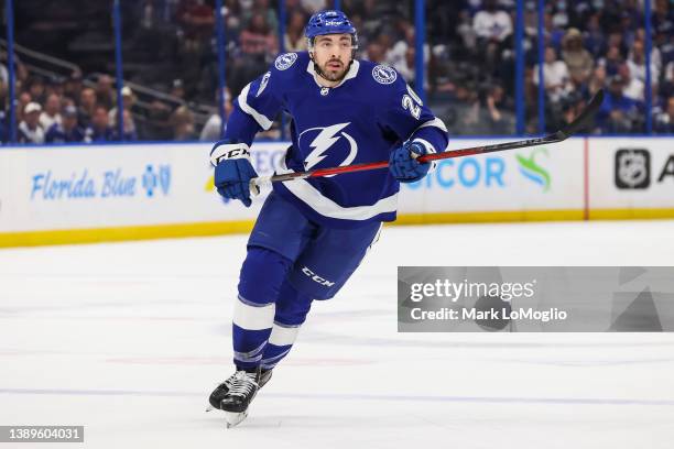 Nicholas Paul of the Tampa Bay Lightning skates against the Toronto Maple Leafs during the first period at Amalie Arena on April 4, 2022 in Tampa,...