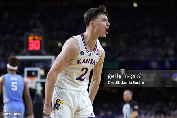 Christian Braun of the Kansas Jayhawks reacts in the second half of the game against the North Carolina Tar Heels during the 2022 NCAA Men's...