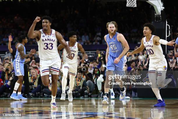 David McCormack of the Kansas Jayhawks reacts in the second half of the game against the North Carolina Tar Heels during the 2022 NCAA Men's...