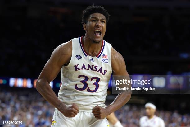 David McCormack of the Kansas Jayhawks reacts in the second half of the game against the North Carolina Tar Heels during the 2022 NCAA Men's...