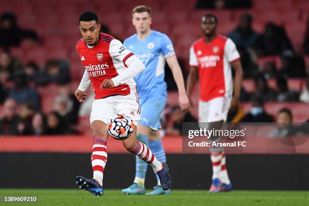 Miguel Azeez of Arsenal passes the ball during the Premier League 2 match between Arsenal U23 and Manchester City U23 at Emirates Stadium on April...