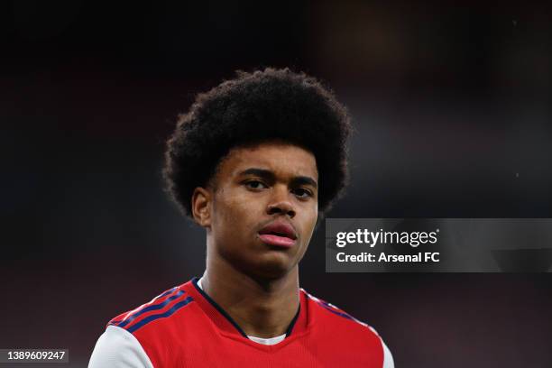 Lino Sousa of Arsenal looks on during the Premier League 2 match between Arsenal U23 and Manchester City U23 at Emirates Stadium on April 04, 2022 in...