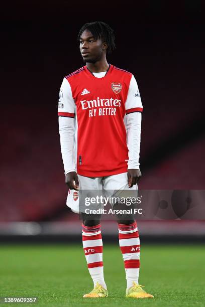 Joel Ideho of Arsenal looks on during the Premier League 2 match between Arsenal U23 and Manchester City U23 at Emirates Stadium on April 04, 2022 in...