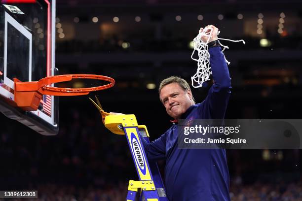 Head coach Bill Self of the Kansas Jayhawks cuts down the net after defeating the North Carolina Tar Heels 72-69 during the 2022 NCAA Men's...