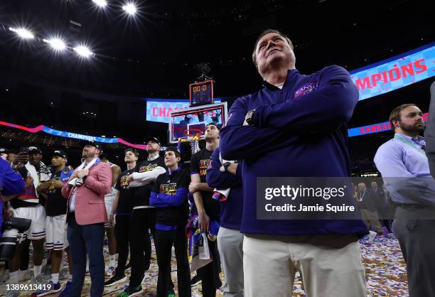 Head coach Bill Self of the Kansas Jayhawks looks on during the net cutting ceremony after defeating the North Carolina Tar Heels 72-69 during the...