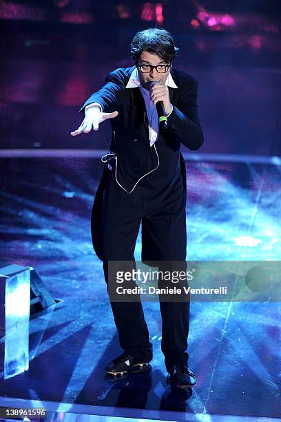 Singer Samuele Bersani performs on stage at the opening night of the 62th Sanremo Song Festival at the Ariston Theatre on February 14, 2012 in San...