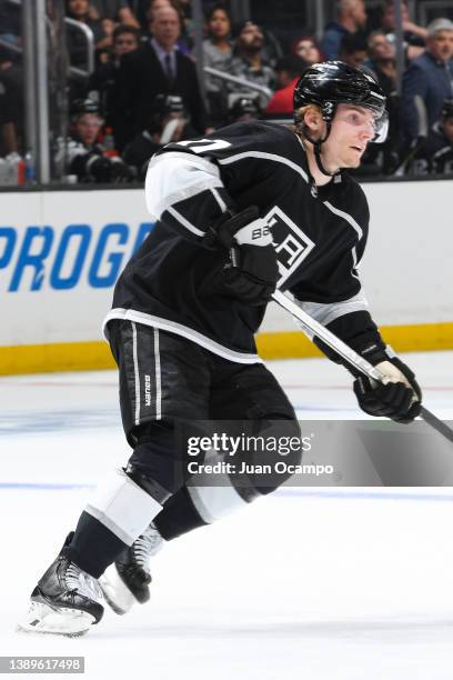 Lias Andersson of the Los Angeles Kings skates on the ice during the second period against the Calgary Flames at Crypto.com Arena on April 4, 2022 in...